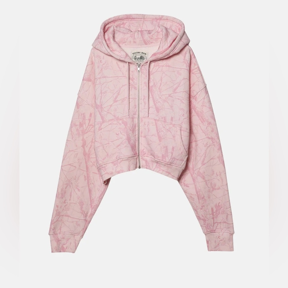 NWT DAIRY BOY Bubblegum Camo Cropped Zip Hoodie, S